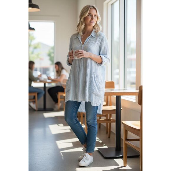 FP One Free People Blue White Striped Knit Pullover Top Women’s XL Boho Casual - Picture 1 of 7